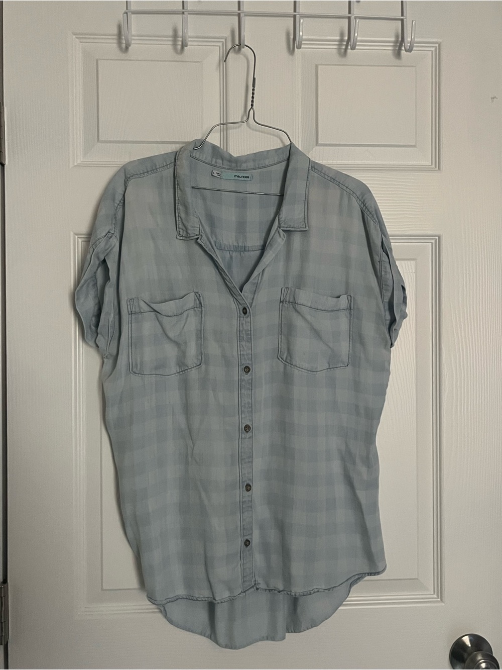 Maurices Pale Blue Plaid Short Sleeve Button-Down Shirt